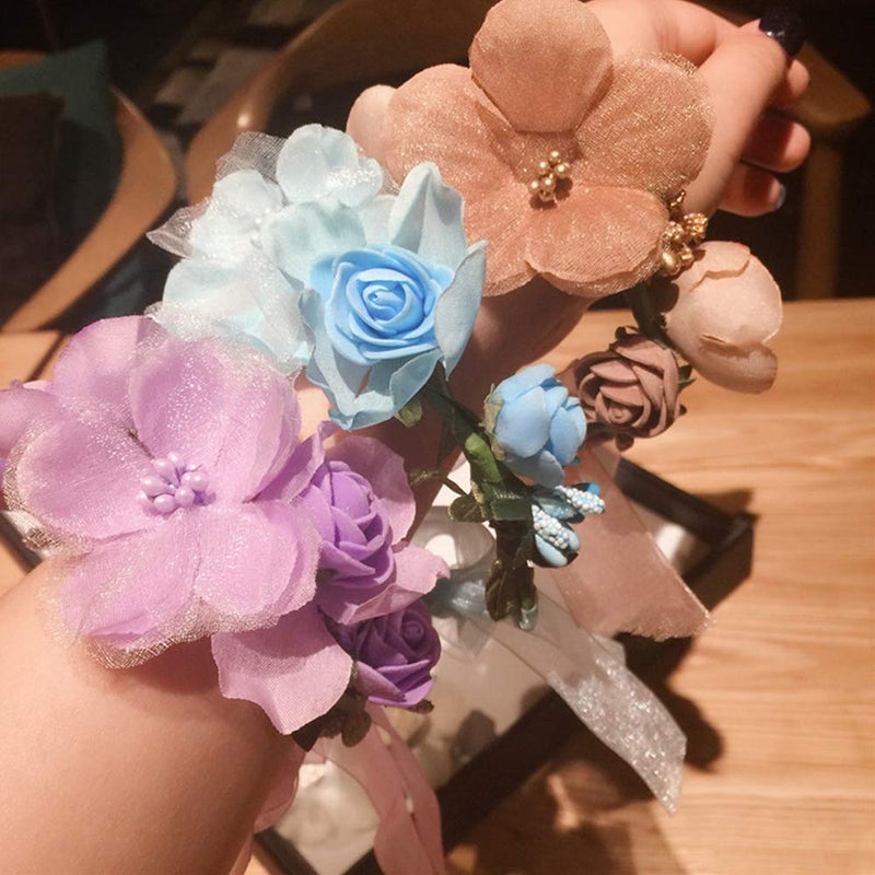 WLBON 3 Pcs Flower Headband Wristbands Rose Floral Leaf Hair Hoops Bands Headpiece Hairband Bracelets Women Xmas Wedding Halloween Parade Hawaiian Cosplay Dress Up Birthday Party Accessories Blue - Image 4